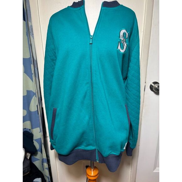Stitches Mariners Knit Bomber Jacket Large Teal Navy Seattle Sportswear Baseball - Picture 2 of 4